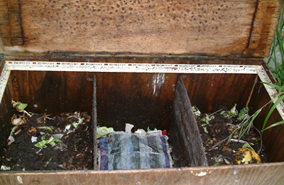 sections inside a homemade wormery